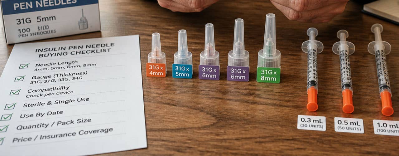 Capped insulin pen needle beside an insulin syringe.
